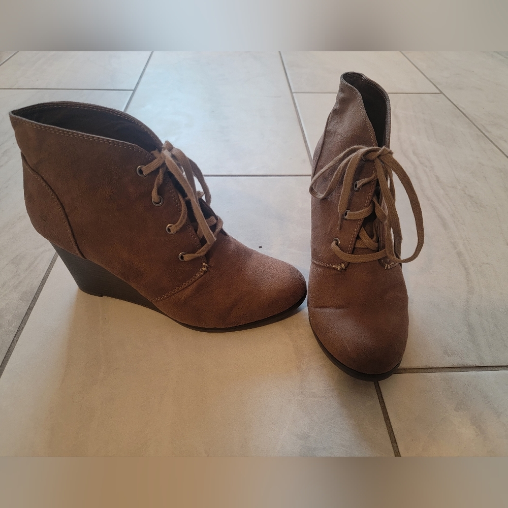 Brown lace up wedge booties